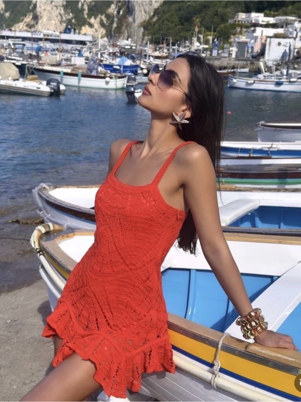 Zara Orange Crochet Mini Dress with Ruffled Hem